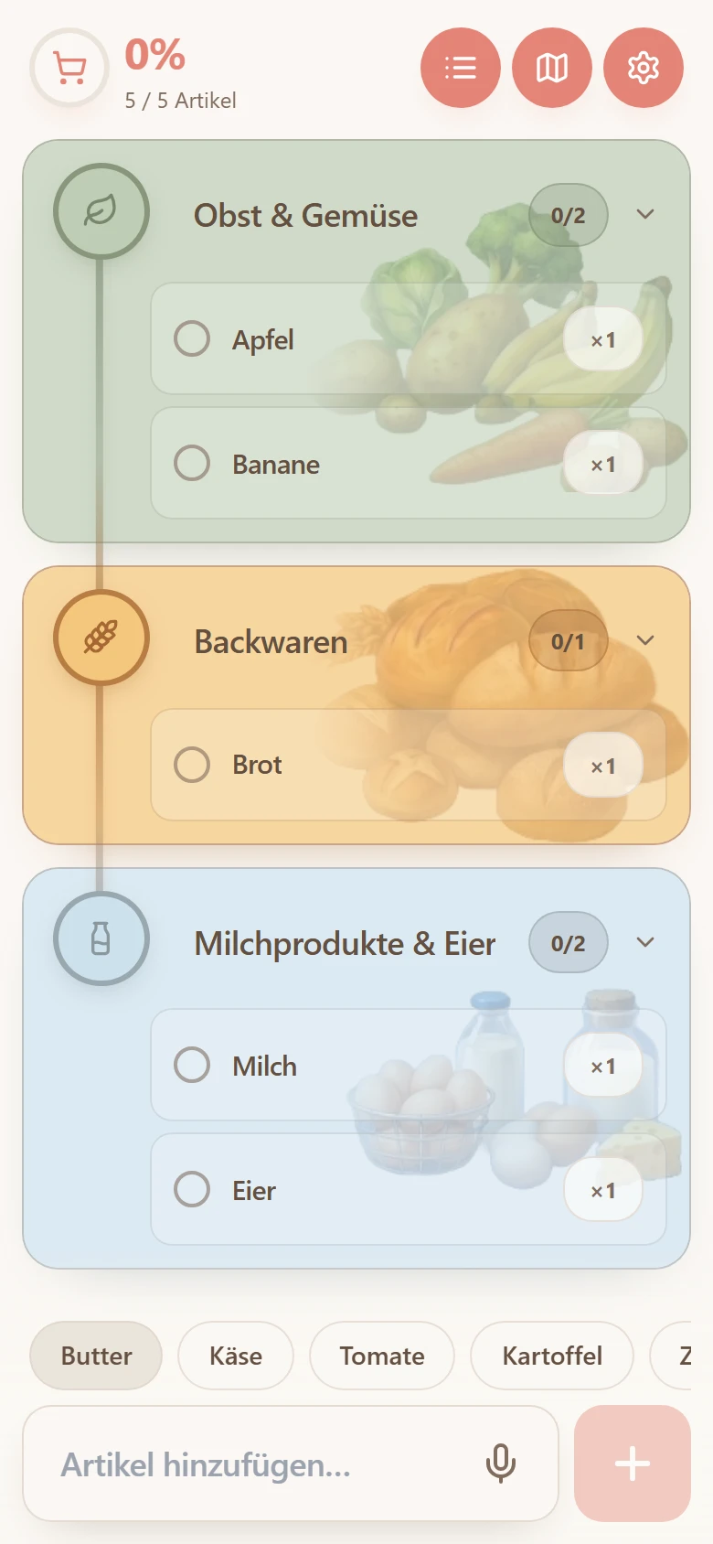 Die deutsche Shop Route App mit Mikrofon-Schaltfläche zum Hinzufügen von Produkten