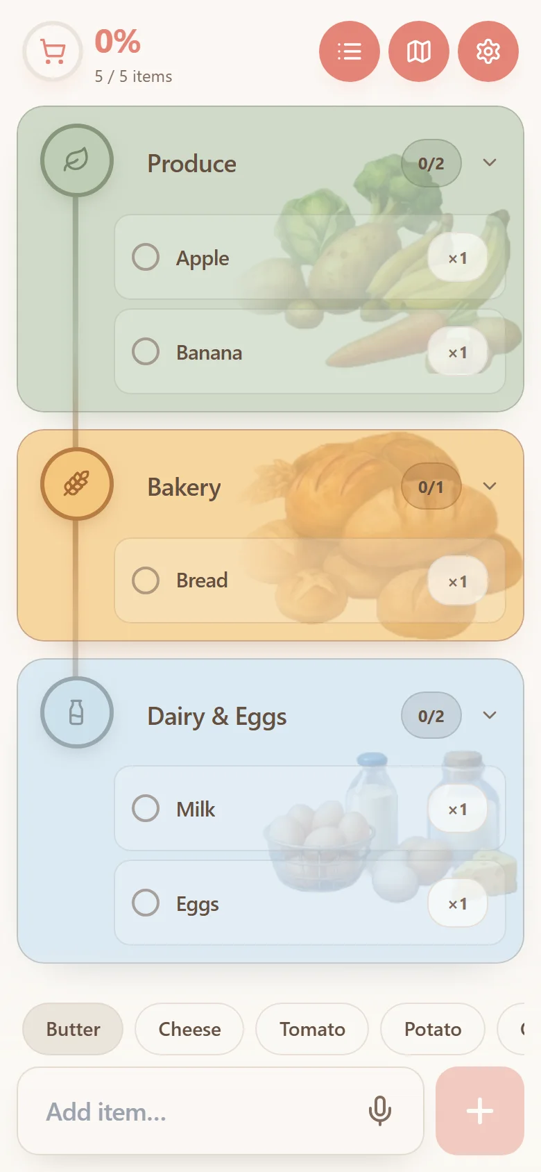 Shop Route with a grocery list sorted into produce, bakery, and chilled sections