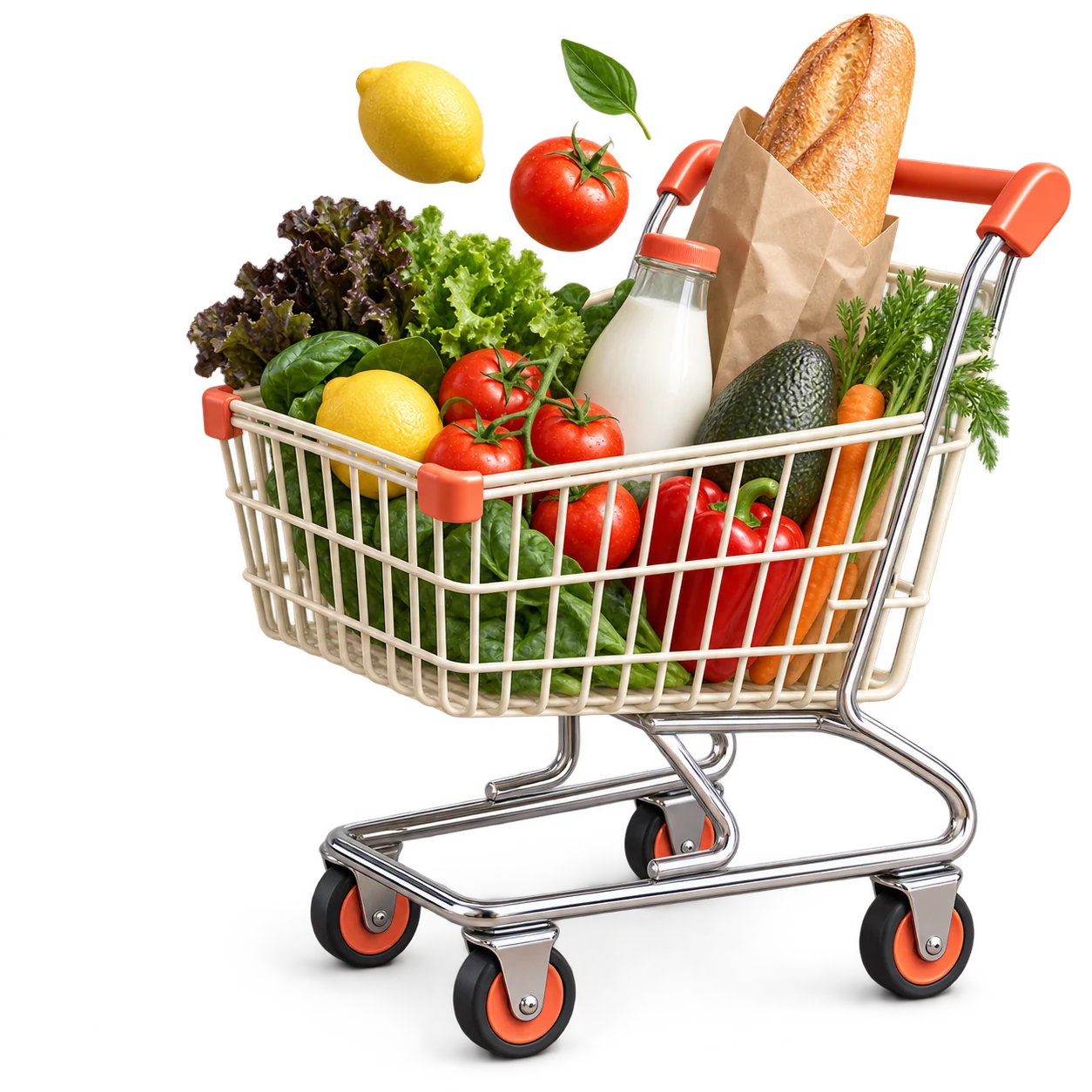 Dreidimensionaler Einkaufswagen mit frischem Gemüse, Brot und Milch